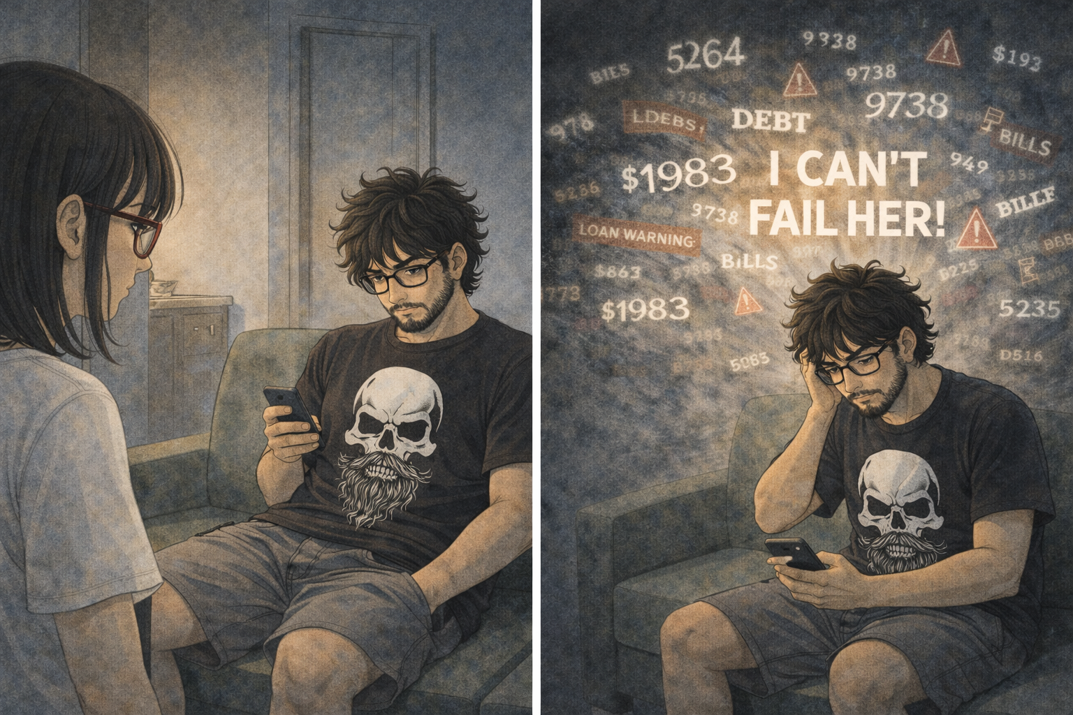 Two-panel diptych — what she sees: Faris on a couch, distant and heavy. What is actually happening: the same man, crushed by invisible weight. Same man. Two truths.
